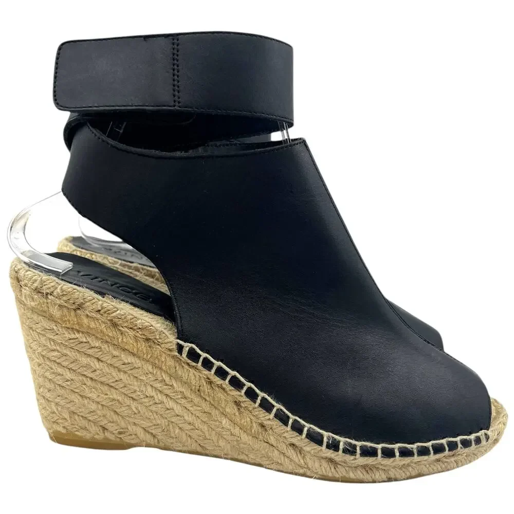 Vince Black Espadrille Wedge Sandals Peep Toe Ankle Strap Shoes Women’s 8M